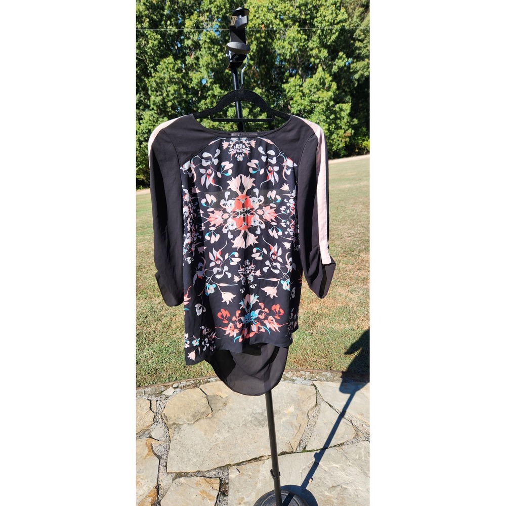 BCBGMAXAZRIA Women Black Floral Draped Open Back Blouse S 3/4 Sleeve Top
